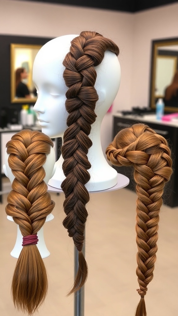 Different braided hairstyles on a mannequin head showcasing three-strand, fishtail, and Dutch braids.